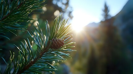 Pine branch with cone against sunlit mountain landscape at sunrise, soft bokeh light effects create dreamy atmospheric mood, close-up nature photography.