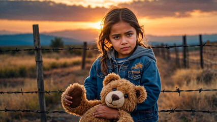 A child holds a teddy bear near a border fence, symbolizing innocence amid crisis. A moving portrait of migration, displacement, and the unseen toll on young lives