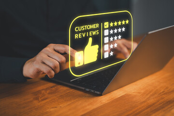 Customer select five star icon from a feedback. Business concept of customer service satisfaction,...