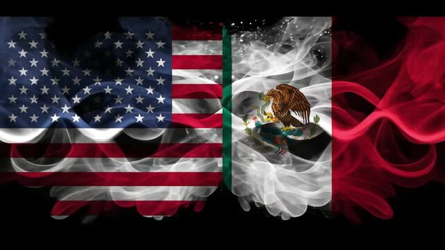 The United States and Mexican flags are shown facing one another on a dramatic black background with artistic detail
