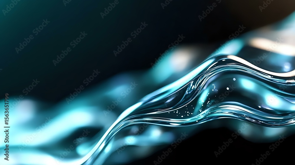 Poster flowing liquid abstract in turquoise and dark blue colors with dynamic wave motion effect, droplets 
