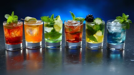 Colorful cocktails lineup with fresh mint and lime garnish on dark background with dramatic lighting, refreshing summer drinks for bar menu and beverage promotion.