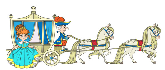 Cute cartoon princess near carriage pulled by horses with the coachman isolated on a white background