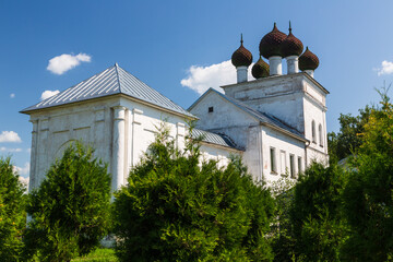 Kashin, Tver region, Russia - 9 July 2021: The building of the city museum of local lore (the former Church of the Entry of the Lord into Jerusalem, 1777) on a sunny summer day