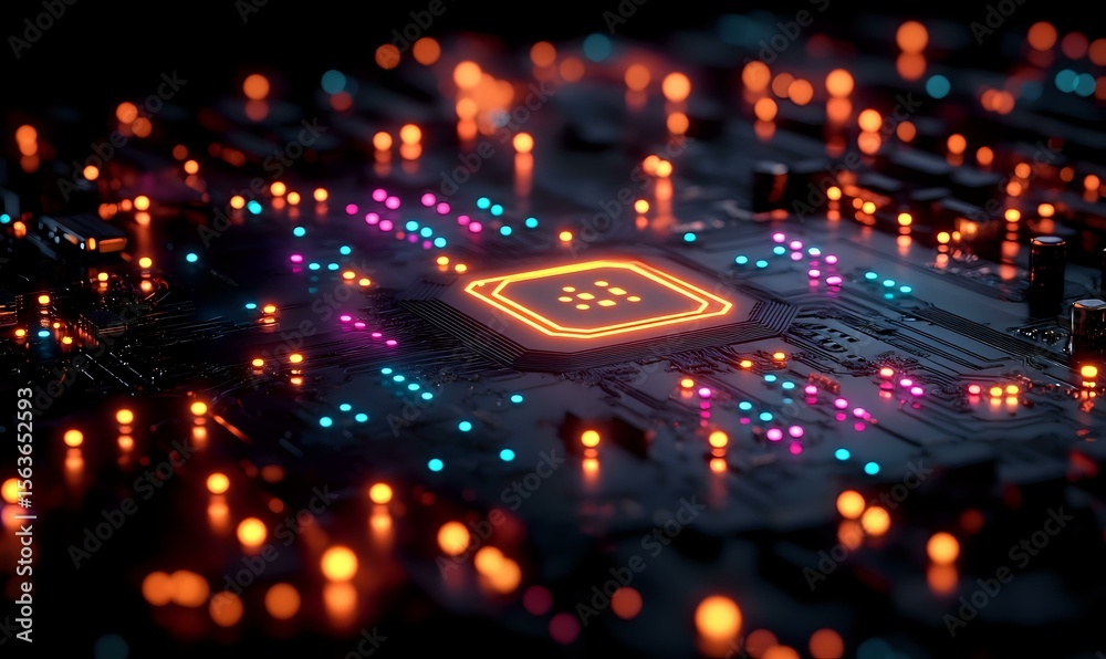 Poster glowing microprocessor on circuit board with orange and blue lights creating futuristic technology a