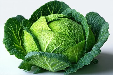 Fresh green cabbage head with textured leaves isolated on white background