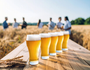 Selective focus on group of filled beer glasses various color in the foreground on wood rustic table. Blurred background with lot of people talking and drinking beer by the barley field. Beer tasting 