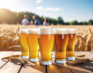 Selective focus on group of filled beer glasses various color in the foreground on wood rustic table. Blurred background with lot of people talking and drinking beer by the barley field. Beer tasting 