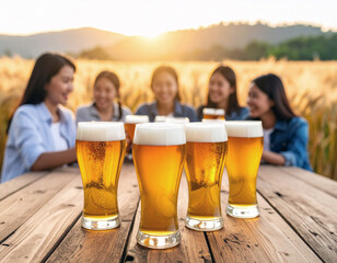 Selective focus on group of filled beer glasses various color in the foreground on wood rustic table. Blurred background with lot of people talking and drinking beer by the barley field. Beer tasting 