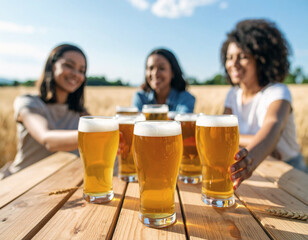 Selective focus on group of filled beer glasses various color in the foreground on wood rustic table. Blurred background with lot of people talking and drinking beer by the barley field. Beer tasting 