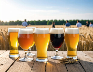Selective focus on group of filled beer glasses various color in the foreground on wood rustic table. Blurred background with lot of people talking and drinking beer by the barley field. Beer tasting 