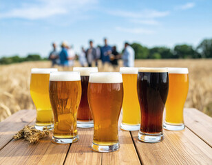 Selective focus on group of filled beer glasses various color in the foreground on wood rustic table. Blurred background with lot of people talking and drinking beer by the barley field. Beer tasting 