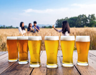 Selective focus on group of filled beer glasses various color in the foreground on wood rustic table. Blurred background with lot of people talking and drinking beer by the barley field. Beer tasting 