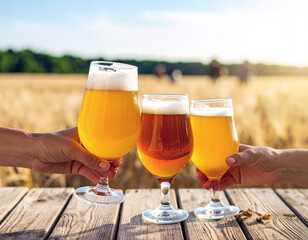 Selective focus on group of filled beer glasses various color in the foreground on wood rustic table. Blurred background with lot of people talking and drinking beer by the barley field. Beer tasting 