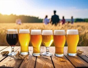 Selective focus on group of filled beer glasses various color in the foreground on wood rustic table. Blurred background with lot of people talking and drinking beer by the barley field. Beer tasting 