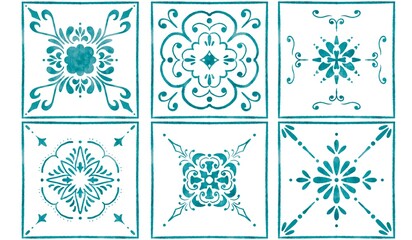 six tiles with blue watercolor patterns	