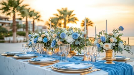 Beach table setting; blue, gold, white flowers, sunset sky
