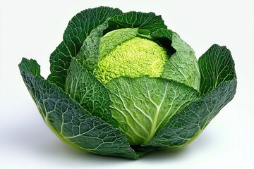 Fototapeta premium Fresh green cabbage with tightly packed inner head and surrounding dark green leaves on white background