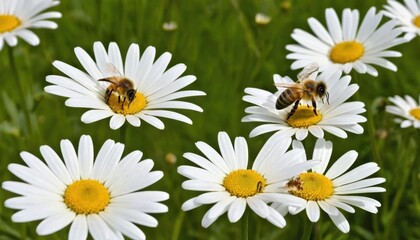 White daisies bloom beautifully in a sunlit spring meadow
