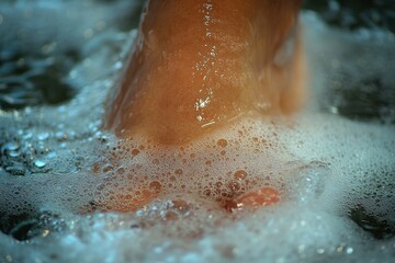 Fototapeta premium Close-up of a foot immersed in bubbly water with soap foam and droplets on skin, capturing freshness and cleanliness
