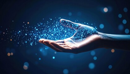 Digital Hand Holding Light Particles In Dark Background