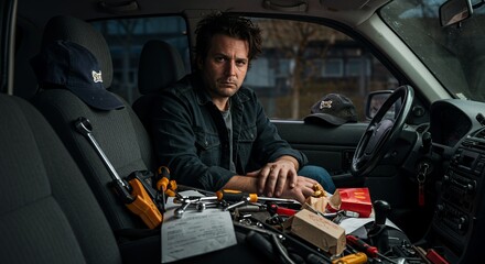 Weathered Handyman Takes a Break, Lunch in His Messy Truck