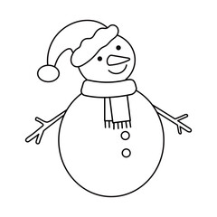 Outline drawing of snowman isolated on a white background. Editable stroke. Line thickness can be changed. Linear icon, vector illustration. Cheerful snowman with cap and scarf.