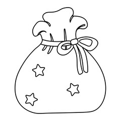 Christmas gift bag, Santa bag isolated on a white background. Outline drawing. Linear icon, vector illustration, design element for card, invitations and christmas decor.