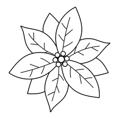Christmas flower, Poinsettia, isolated on a white background. Outline drawing. Linear icon, vector illustration. Christmas star, the symbol of Christmas.