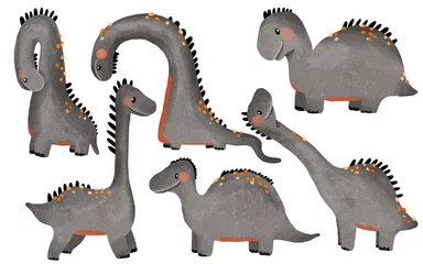 Selbstklebende Fototapeten Set of Funny baby dinosaur with long neck. Black dino. Cartoon monochrome dino on isolated background © Ilona