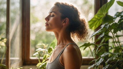 Peaceful young woman meditating by a window in soft sunlight, surrounded by indoor plants. Calm, mindful atmosphere perfect for wellness, self-care, and lifestyle themes