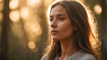 A serene young woman meditates at sunrise, brown eyes, bathed in golden light. Her peaceful expression and soft glow radiate calm, mindfulness, and connection to nature.