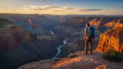 Stunning AI-generated image of a solo hiker on the edge of a canyon at sunrise, capturing an epic, photorealistic landscape with dramatic light and breathtaking natural scenery.
