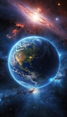 Obraz premium A radiant blue marble of Earth, a shining sphere adrift in the starry expanse of the cosmos, bathed in the sun's distant light, with the moon orbiting nearby