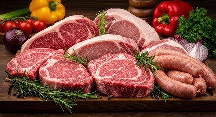 Assortment of Fresh Raw Meats and Sausages for Grilling
