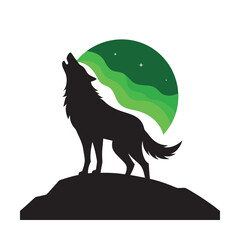 Northern Lights Behind Howling Wolf Silhouette