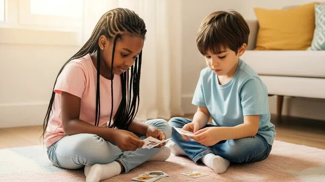 Engaging learning experience of a girl and boy using flashcards on a rug in a cozy room with soft pastel colors