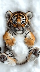 Obraz premium Adorable tiger cub playing in snow, showing expressive face and paws. Close-up portrait captures orange, black and white fur patterns against winter white background.