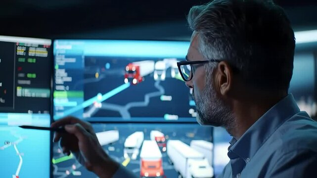 Man monitors transport, points at map of trucks in control room. Use Logistics or fleet management - Powered by Adobe