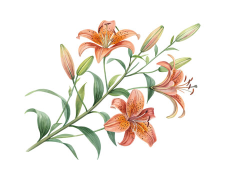 watercolor Tiger Lily Branch vector illustration isolated on white background