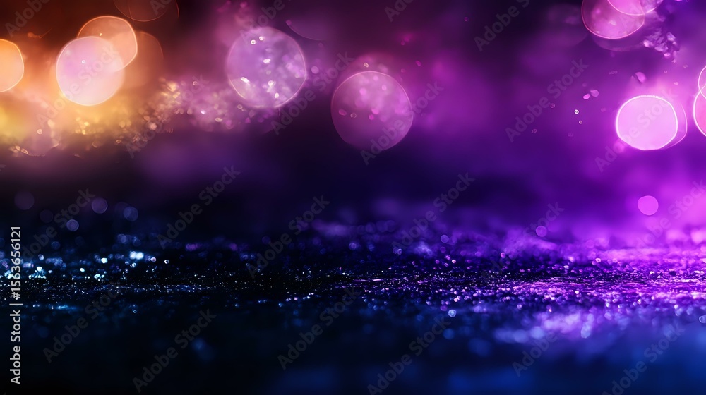 Poster magical purple and orange bokeh lights on dark glittery surface create dreamy abstract background wi