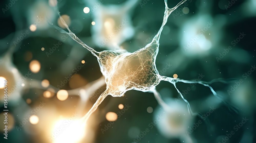 Aufkleber glowing neuron cell with synaptic connections on dark background showing neural network activity and