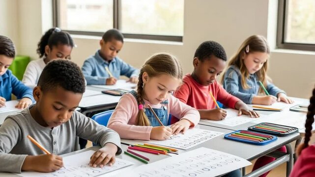 Children engaged in learning activities in a bright classroom setting during the school day
