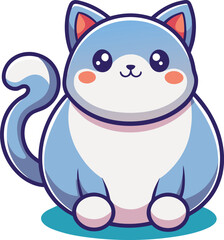 Cute kawaii blue cat with big eyes and fluffy tail sitting