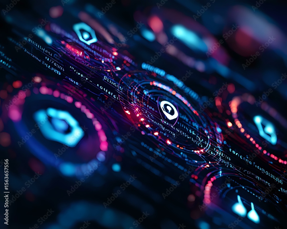 Poster futuristic digital technology background with glowing circles and data streams in neon pink and blue