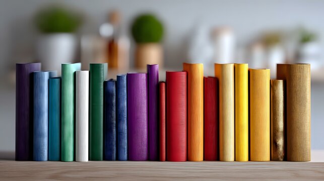 Colorful book spines arranged in rainbow order on wooden shelf against blurred background, creating modern minimalist library display for home decor and education concept.