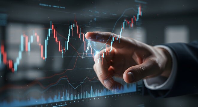 Businessman Analyzing Stock Market Data on Digital Display - Powered by Adobe