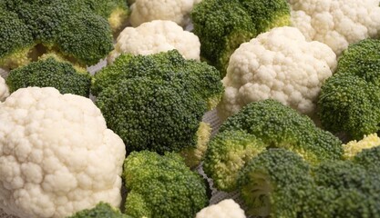 Close-Up of Fresh Broccoli and Cauliflower Texture, Raw Vegetables

