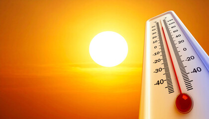 Termometro sol ardiente caluroso y bruma sobre el horizonte en concepto de ola de calor y altas temperaturas