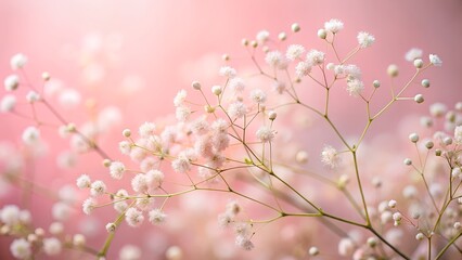Obraz premium Delicate baby's breath blooms against a soft pink background evoke feelings of peace, romance, and serenity for soothing spring visuals.